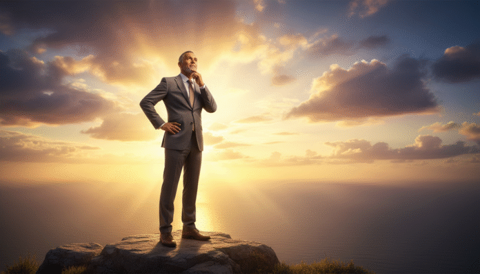 Horizonte com Luz Dourada - Vitória após Espera homem olhando o horizonte com luz dourada ao fundo, simbolizando vitória após a espera.