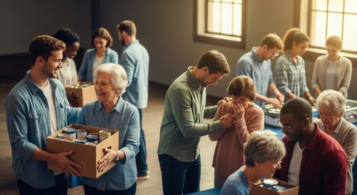 Igreja unidade e serviço Membros de uma igreja ajudando uns aos outros, representando unidade e serviço no corpo de Cristo.
