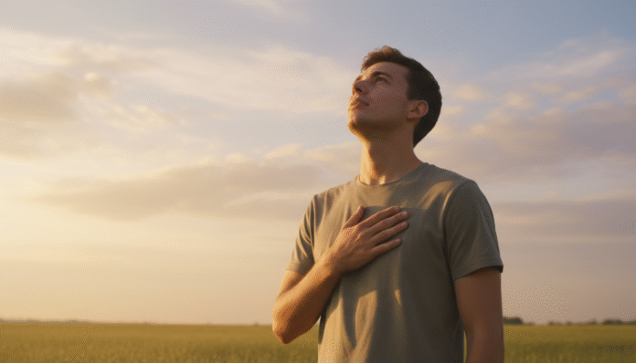 Jovem ao Amanhecer - Fé e Paz Jovem olhando para o céu ao amanhecer, com expressão de fé e paz