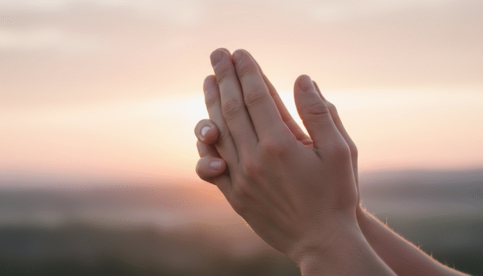 Mãos Unidas em Oração ao Amanhecer Mãos unidas em oração diante da luz do amanhecer, representando o deleitar-se no Senhor em um novo ciclo de vida.
