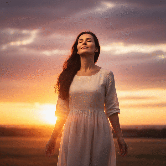 Mulher Contemplando o Pôr do Sol mulher de olhos fechados contemplando o pôr do sol, simbolizando paciência e confiança no tempo de Deus