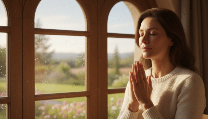 Mulher Orando Pela Janela Mulher sentada perto de uma janela com olhos fechados e mãos em oração
