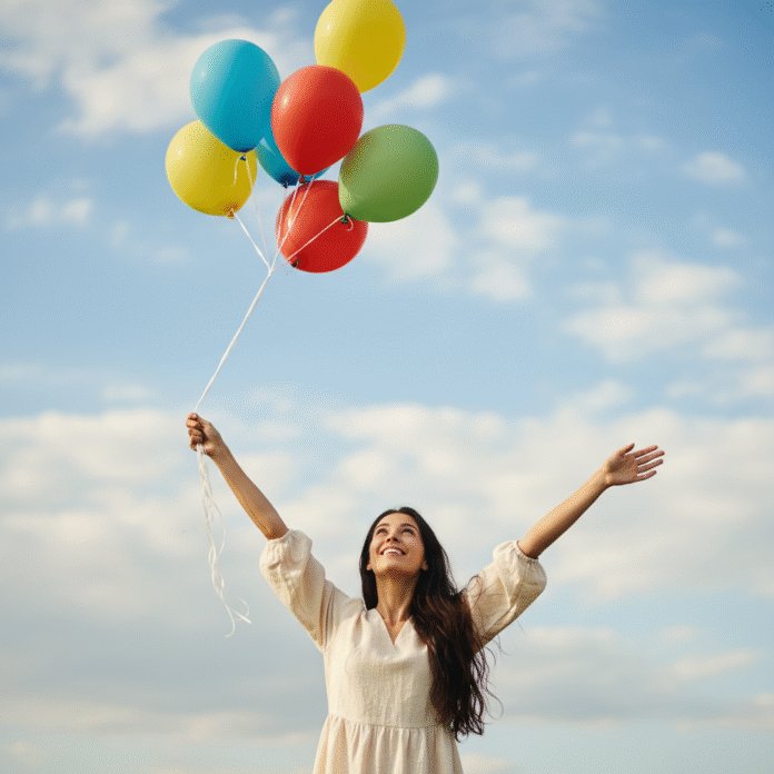 Mulher com Balões Olhando para o Céu mulher segurando balões olhando para o céu