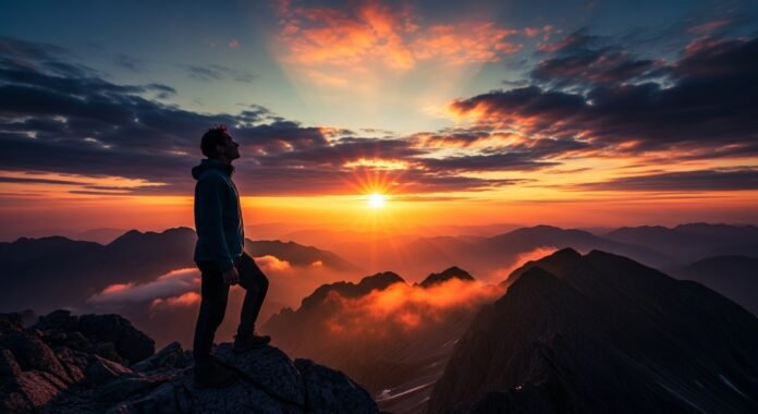 Nascer do sol fidelidade de Deus Imagem de alguém contemplando o nascer do sol, simbolizando a fidelidade de Deus que nunca falha.