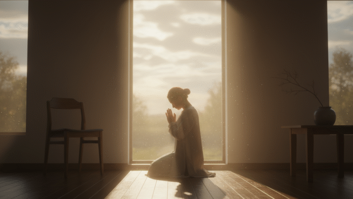 Oração Janela Busca Deus 1200x675 Imagem de uma pessoa ajoelhada em oração diante de uma janela com luz suave, representando a busca verdadeira por Deus.