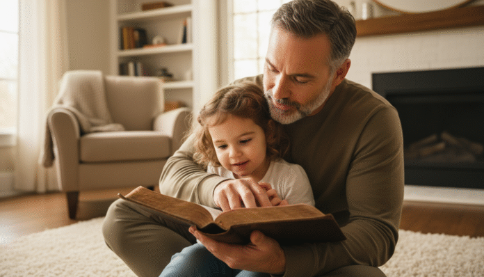Pai Lendo Bíblia com Filha Pai lendo a Bíblia com a filha pequena em um momento de aprendizado