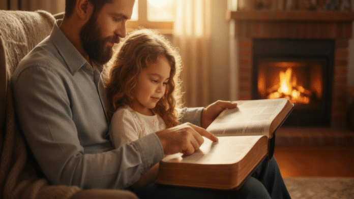 Pai e Filho Lendo a Bíblia 1200x675 Imagem de uma criança e seu pai lendo a Bíblia juntos, representando o ensino cristão que forma sabedoria e graça.