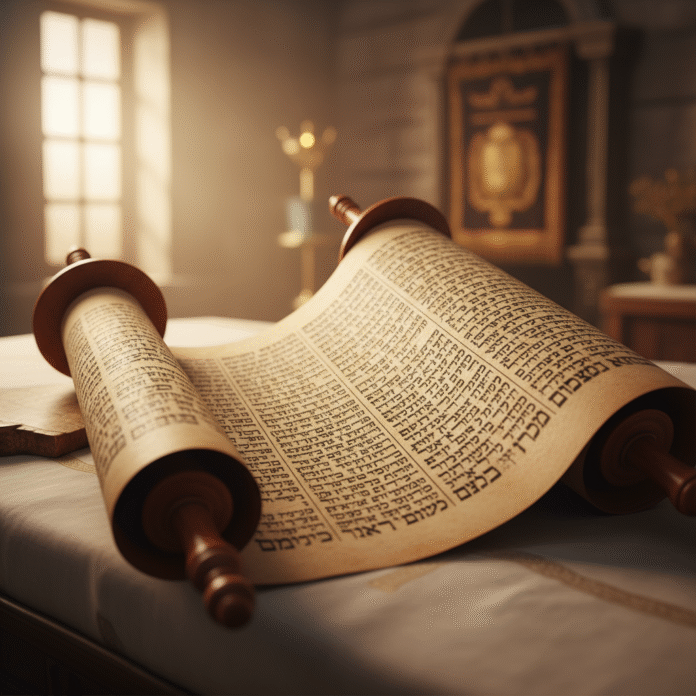 Pergaminho de Levítico pergaminho aberto com texto hebraico, representando o livro de Levítico e o chamado à santidade.