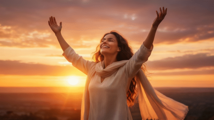 Pessoa Adorando 1200x675 pessoa adorando a Deus ao amanhecer, simbolizando alegria e celebração.
