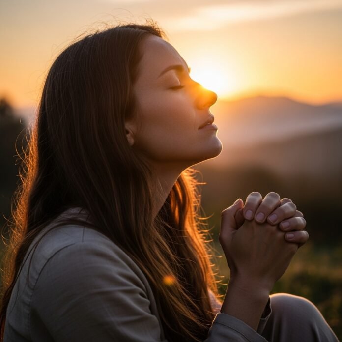 Pessoa Orando ao Alvorecer Pessoa orando diante do nascer do sol, simbolizando restauração e esperança em Deus.