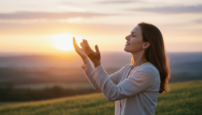 Pessoa com Mãos Levantadas ao Amanhecer - Romanos 15_13 Pessoa de mãos levantadas ao nascer do sol, representando o transbordar de esperança descrito em Romanos 15:13.