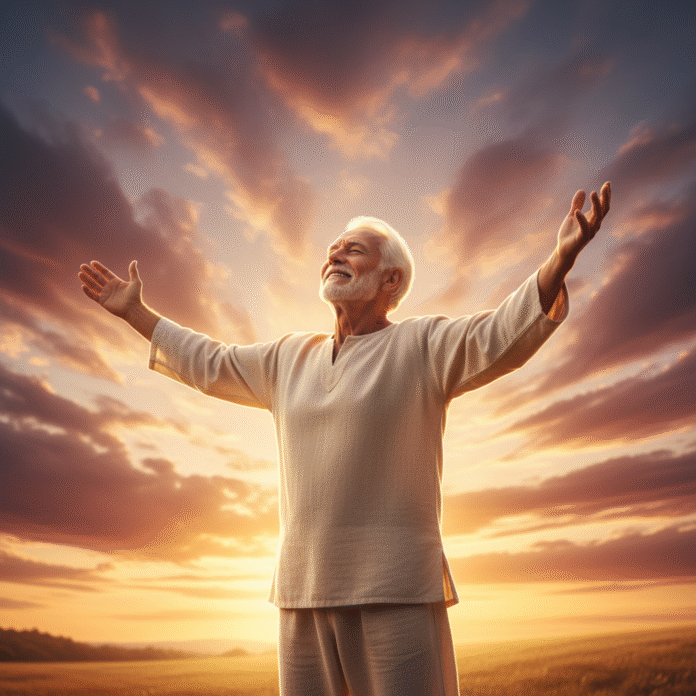 Pessoa de Braços Erguidos em Oração homem de joelhos em oração diante da luz do amanhecer