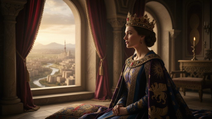 Rainha Ester Fé Coragem 1200x675 Imagem de uma mulher com coroa e vestes reais olhando pela janela, representando a fé e coragem de Ester.