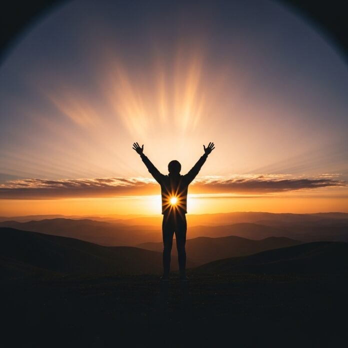 Silhueta em Oração Silhueta de uma pessoa com os braços levantados diante do sol nascente, representando confiança no poder de Cristo.