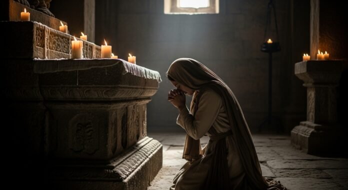 ana_oracao_altar_fe_entrega Imagem de uma mulher orando de joelhos diante de um altar, representando a fé e entrega de Ana a Deus.