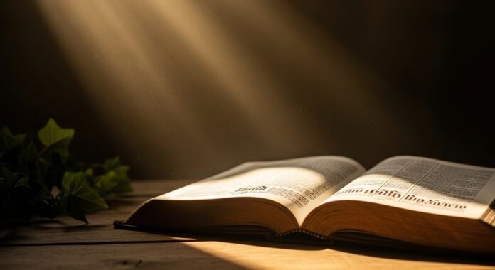 biblia_iluminada_sabedoria Bíblia aberta iluminada pela luz, simbolizando sabedoria e ensino divino.