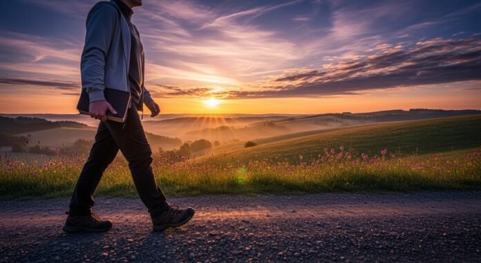 caminhada_nascer_sol_biblia Imagem de uma pessoa caminhando ao nascer do sol segurando a Bíblia, representando o relacionamento contínuo com Deus.