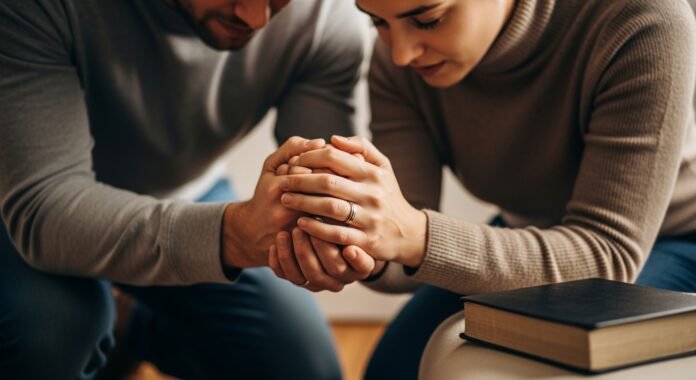 casal_oracao_vitoria_ansiedade Imagem de um casal de mãos dadas em oração, representando a vitória sobre a ansiedade conjugal pela fé.