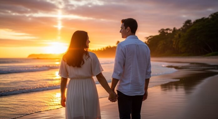 casal_por_do_sol_alianca casal caminhando de mãos dadas ao pôr do sol, representando o amor e a aliança em Cristo.