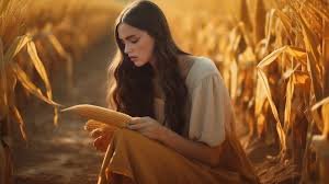 download (3) mulher colhendo espigas de trigo ao entardecer, com luz dourada simbolizando fé, perseverança e favor divino.