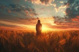 download (8) uma pessoa caminhando em um campo ao amanhecer, com luz dourada simbolizando o amor e a presença fiel de Deus.