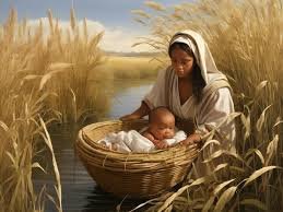 download (8) Joquebede colocando Moisés em um cesto entre juncos.