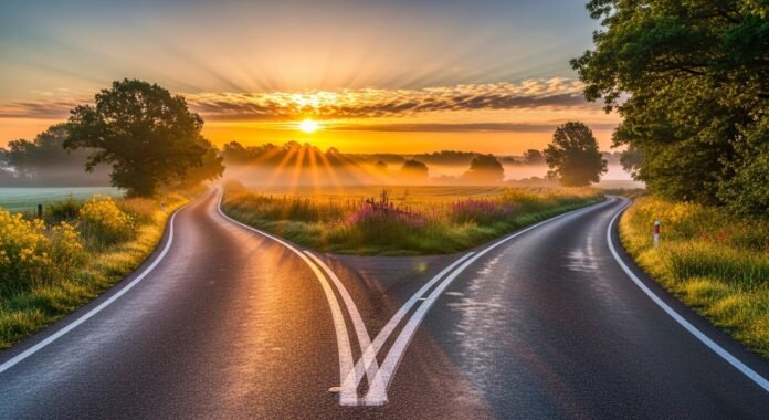 estrada_dividida_amanhecer Imagem de uma estrada que se divide ao amanhecer, simbolizando os novos rumos que Deus traça para nossa vida.