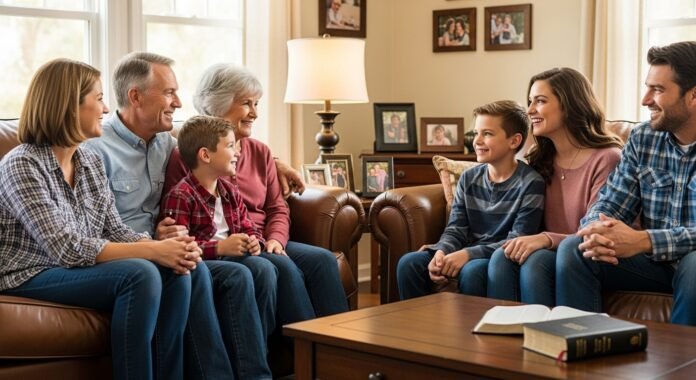 familia_conversa_restauracao_harmonia Imagem de uma família reunida em casa, conversando de forma amigável, simbolizando restauração e harmonia.