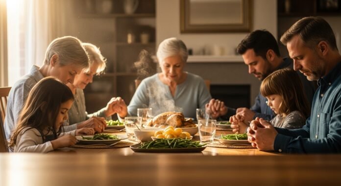familia_orando_mesa família reunida em oração, simbolizando um lar firmado em Deus.