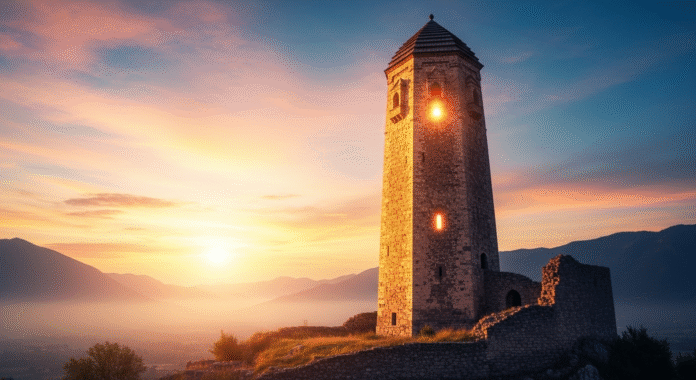 image (1) Torre iluminada ao amanhecer simbolizando proteção divina.