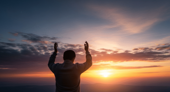 image (1) Pessoa orando com as mãos erguidas ao amanhecer, simbolizando entrega e santidade ao Senhor.