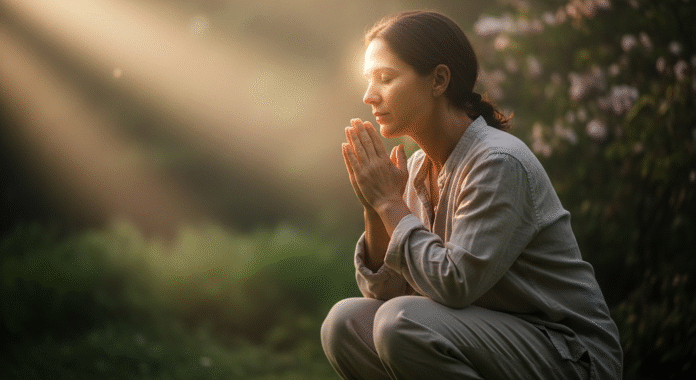 image (1) Pessoa orando em silêncio, com luz suave e expressão de paz.