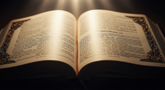 image Bíblia aberta em 1 Coríntios 13 com luz suave.