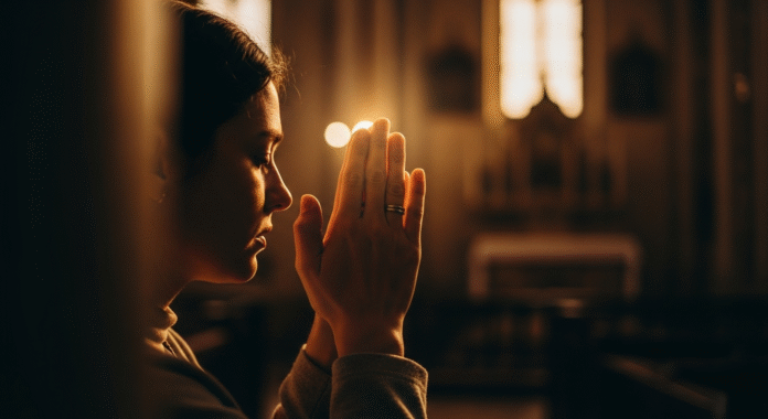image Pessoa orando em silêncio, com luz suave sobre as mãos erguidas.