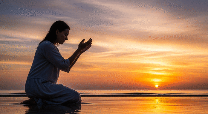 image (2) Mulher orando ao nascer do sol, simbolizando transformação e propósito em Deus.