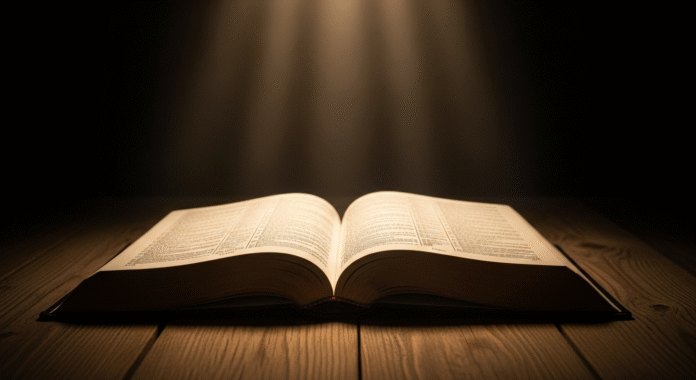 image (2) Bíblia aberta com luz suave iluminando as páginas à noite.