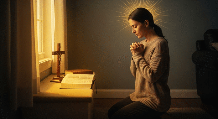 image (6) imagem suave de uma pessoa em oração, cercada por luz dourada, representando a paz prometida por Jesus.