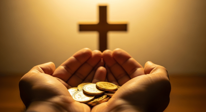 image (7) Mãos segurando moedas e uma cruz ao fundo.