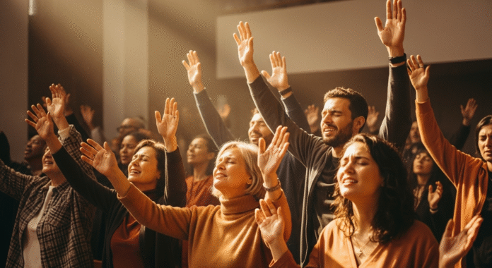 image (8) Pessoas com mãos erguidas em adoração durante o louvor.