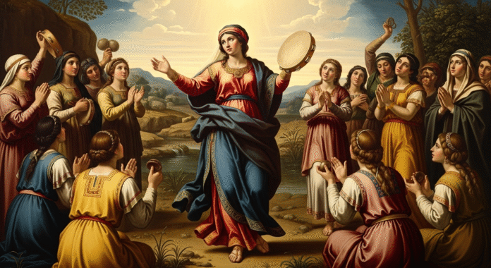 image (8) imagem artística de Miriã, profetisa de Israel, conduzindo mulheres em adoração e louvor a Deus.