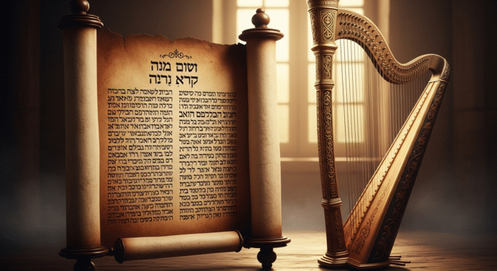 image (9) pergaminho e harpa simbolizando o livro de Salmos e seus cânticos de louvor.