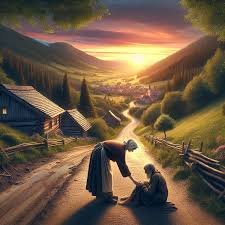 images Homem ajudando outro ferido à beira do caminho, representando o Bom Samaritano.