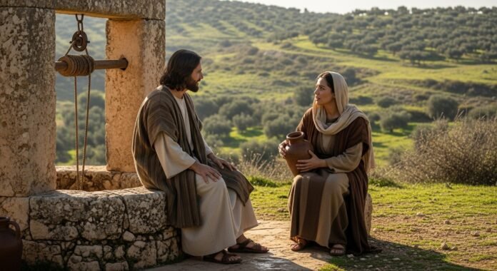 jesus_samaritana_poco_graca Imagem de Jesus sentado junto ao poço conversando com a mulher samaritana, representando o encontro transformador da graça.