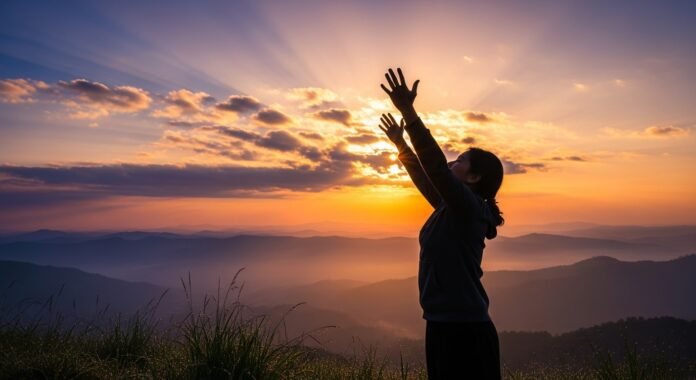 maos_levantadas_gratidao_fe Imagem de uma pessoa com as mãos levantadas ao céu ao nascer do sol, representando gratidão e fé em Deus.