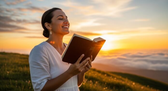 mulher_biblia_autoestima_deus Imagem de uma mulher sorrindo com a Bíblia nas mãos ao nascer do sol, representando a autoestima fortalecida em Deus.