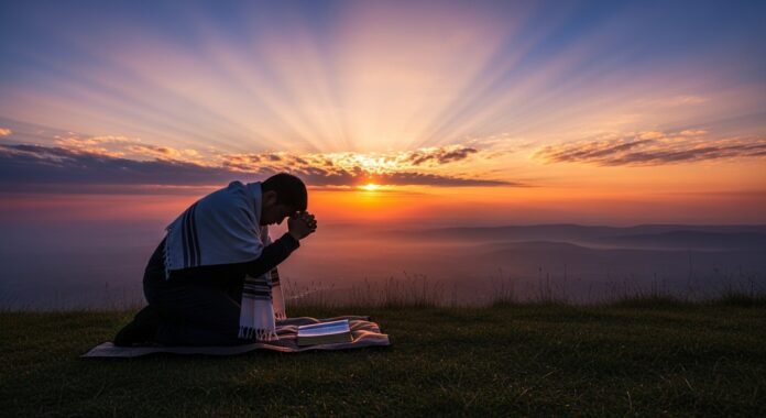 oracao_nascer_do_sol proximo Imagem de uma pessoa ajoelhada em oração ao nascer do sol, representando o poder e a intimidade da oração nas madrugadas.
