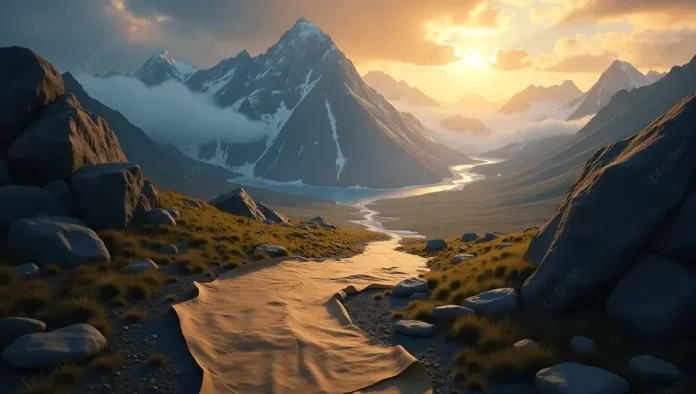 pngtree-mountainous-landscape-with-a-winding-path-leading-to-tranquil-lake-at-image_17609786 abrigo natural entre montanhas com luz suave iluminando o centro.