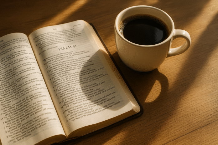 salmo-91 uma Bíblia aberta no Salmo 91 ao lado de uma xícara de café iluminada pela luz da manhã” (posso gerar a imagem 1200x630).