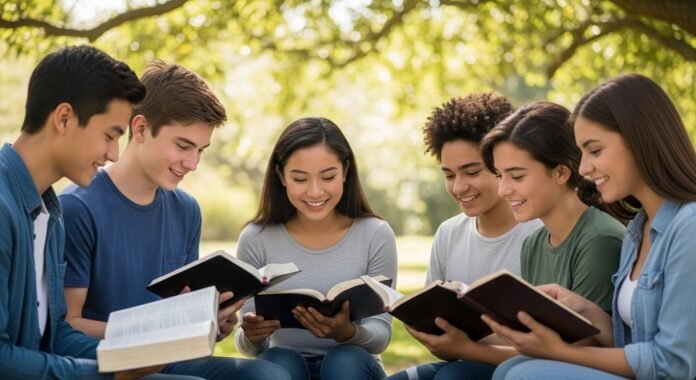 Adolescentes Lendo a Bíblia Juntos adolescentes lendo a Bíblia juntos com sorrisos e atenção