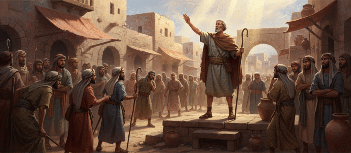 Amós proclamando mensagem Ilustração representando Amós proclamando a mensagem de Deus ao povo